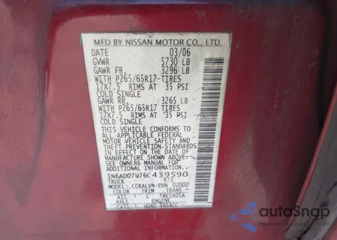 2006 Nissan Frontier Le из США, поврежденный, VIN 1N6AD07U76C439590